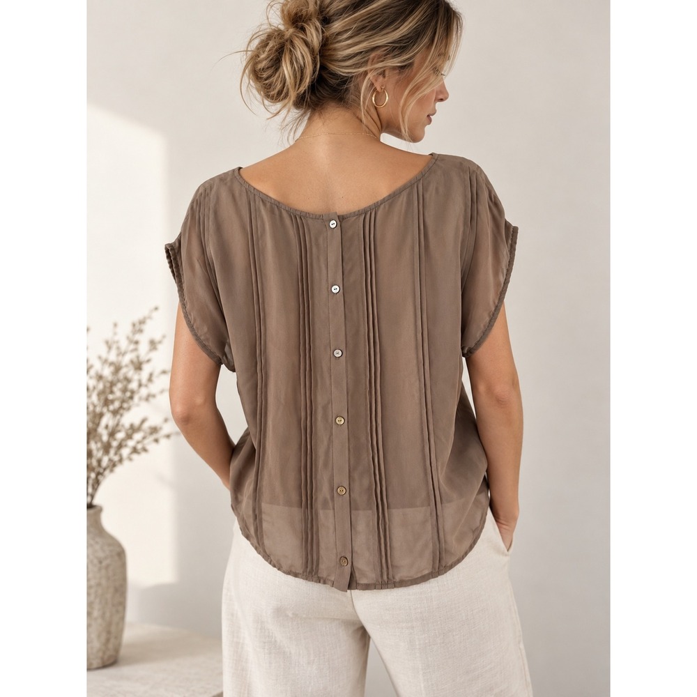 Zoa New York Womens Brown 100% Silk Pintuck Button Back Blouse Size M